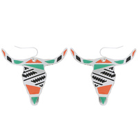 SOUTHWESTERN STEER HEAD ENAMEL COATED GEOMETRIC PATTERN DANGLE AND DROP HOOK EARRINGS