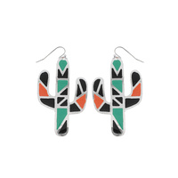 SOUTHWESTERN CACTUS ENAMEL COATED GEOMETRIC PATTERN DANGLE AND DROP HOOK EARRINGS