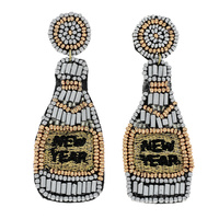 2-TIER SEED BEAD HANDMADE BEADED EMBROIDERY NEW YEARS CHAMPAGNE BOTTLE DANGLE AND DROP EARRINGS