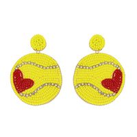 2-TIER JEWELED HEART TENNIS BALL HANDMADE BEADED EMBROIDERY DANGLE AND DROP NOVELTY EARRINGS