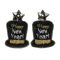 2-TIER JEWELED SEED BEAD HANDMADE BEADED EMBROIDERY HAPPY NEW YEARS PARTY TOP HAT DANGLE AND DROP EARRINGS