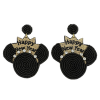 2-TIER JEWELED MOUSE WITH HAPPY NEW YEARS CROWN SEED BEAD HANDMADE BEADED EMBROIDERY DANGLE AND DROP NOVELTY EARRINGS
