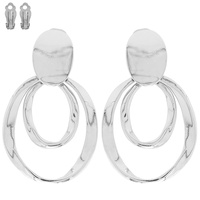 2-TIER HAMMERED METAL DOUBLE OPEN CIRCLE LONG DROP CLIP-ON EARRINGS