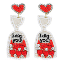 2-TIER "I DIG YOU" LOVE POTION JEWELED BEAD MIX HANDMADE BEADED EMBROIDERY DANGLE AND DROP VALENTINE EARRINGS
