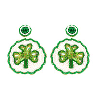 2-TIER SCALLOPED  DISC SEED BEAD CLOVER HANDMADE BEADED EMBROIDERY DANGLE AND DROP NOVELTY EARRINGS