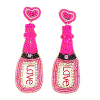2-TIER HEART POST JEWELED LOVE CHAMPAGNE BOTTLE HANDMADE BEADED EMBROIDERY DANGLE AND DROP NOVELTY VALENTINE'S DAY EARRINGS
