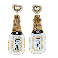 2-TIER HEART POST JEWELED LOVE CHAMPAGNE BOTTLE HANDMADE BEADED EMBROIDERY DANGLE AND DROP NOVELTY VALENTINE'S DAY EARRINGS