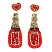 2-TIER HEART POST JEWELED LOVE CHAMPAGNE BOTTLE HANDMADE BEADED EMBROIDERY DANGLE AND DROP NOVELTY VALENTINE'S DAY EARRINGS