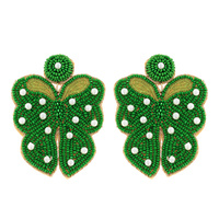 2-TIER SYNTHETIC PEARL AND SEED BEAD BUTTERFLY SHAPED HANDMADE BEADED EMBROIDERY DANGLE AND DROP NOVELTY EARRINGS
