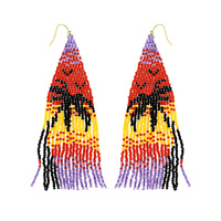 NATIVE AMERICAN TROPICAL PALM TREE MULTICOLOR BEADED LONG DROP TASSEL HOOK EARRINGS