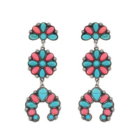 WESTERN 3-TIER SQUASH BLOSSOM TURQUOISE SEMI STONE LONG DROP EARRINGS