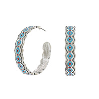 WESTERN ENAMEL COATED AZTEC DESIGN SCALLOPED OPEN HOOP EARRINGS
