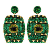 2-TIER SEED BEAD SAINT PATRICK'S DAY BEER KEG HANDMADE BEADED EMBROIDERY DANGLE AND DROP NOVELTY EARRINGS