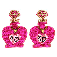 2-TIER JEWELED HEART SHAPED LOVE POTION SEED BEAD HANDMADE BEADED EMBROIDERY DANGLE AND DROP VALENTINE'S DAY EARRINGS