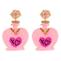 2-TIER JEWELED HEART SHAPED LOVE POTION SEED BEAD HANDMADE BEADED EMBROIDERY DANGLE AND DROP VALENTINE'S DAY EARRINGS