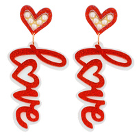 2-TIER SYNTHETIC PEARL POST LINEAR "LOVE" CURSIVE FONT DANGLE AND DROP GLITTER VALENTINE'S DAY EARRINGS