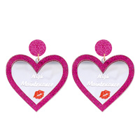 2-TIER "HIGH MAINTENANCE" MIRROR HEART SHAPED GLITTER DANGLE AND DROP VALENTINE'S DAY EARRINGS