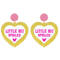 2-TIER "LITTLE BIT SPOILED" SCALLOPED HEART SHAPED GLITTER DANGLE AND DROP VALENTINE'S DAY EARRINGS