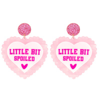 2-TIER "LITTLE BIT SPOILED" SCALLOPED HEART SHAPED GLITTER DANGLE AND DROP VALENTINE'S DAY EARRINGS