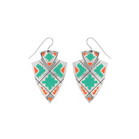 SOUTHWESTERN ARROWHEAD SHAPED ENAMEL COATED GEOMETRIC PATTERN DANGLE AND DROP HOOK EARRINGS