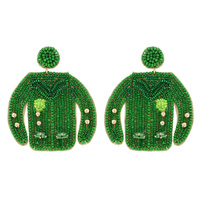 2-TIER JEWELED GREEN JACKET HANDMADE BEADED EMBROIDERY DANGLE AND DROP NOVELTY SAINT PATRICK'S DAY EARRINGS