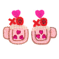 2-TIER JEWELED XOXO TEACUP SEED BEAD HANDMADE BEADED EMBROIDERY DANGLE AND DROP VALENTINE EARRINGS