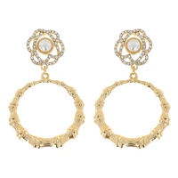 2-TIER FLORAL CRYSTAL RHINESTONE PAVE PEARL POST BAMBOO OPEN CIRCLE DROP EARRINGS