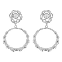 2-TIER FLORAL CRYSTAL RHINESTONE PAVE PEARL POST BAMBOO OPEN CIRCLE DROP EARRINGS