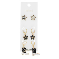 3-PAIR ASSORTED COWHIDE PRINT WESTERN THEMED ENAMEL COATED EARRING SET