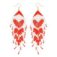 SEED BEAD HEART DESIGN WATERFALL BEADED FRINGE VALENTINE'S DAY LONG DROP HOOK EARRINGS
