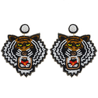 2-TIER TIGER HEAD BEADED EMBROIDERY DANGLE AND DROP NOVELTY EARRINGS