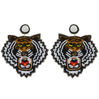 2-TIER TIGER HEAD BEADED EMBROIDERY DANGLE AND DROP NOVELTY EARRINGS
