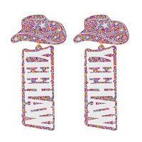 2-TIER COWBOY HAT "YEEHAW" LONG DROP NOVELTY GLITTER EARRINGS