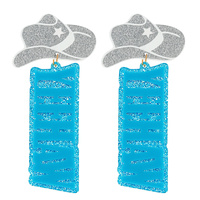 2-TIER COWBOY HAT "YEEHAW" LONG DROP NOVELTY GLITTER EARRINGS