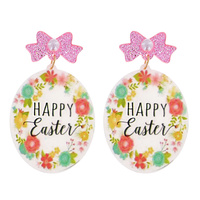 2-TIER PEARL BOW POST "HAPPY EASTER"  FLORAL DESIGN DANGLE AND DROP OVAL SHAPED GLITTER EARRINGS