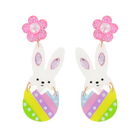 EASTER EGG BUNNY- 2-TIER FLORAL POST EASTER THEMED DANGLE AND DROP PEARL GLITTER EARRINGS