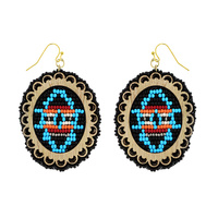 NATIVE AMERICAN SEED BEAD WOODEN OVAL DANGLE AND DROP HOOK EARRINGS