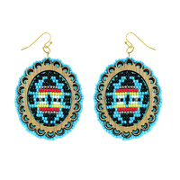 NATIVE AMERICAN SEED BEAD WOODEN OVAL DANGLE AND DROP HOOK EARRINGS