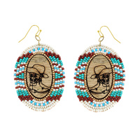 WESTERN WOOD ENGRAVED COWBOY BOOTS & HAT SEED BEAD OVAL DANGLE AND DROP HOOK EARRINGS