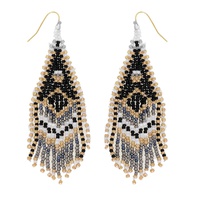 NATIVE AMERICAN MULTICOLOR SUNBURST DESIGN BEADED TRIANGLE LONG DROP TASSEL HOOK EARRINGS