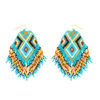 NATIVE AMERICAN MULTICOLOR BEADED LONG DROP TASSEL HOOK EARRINGS