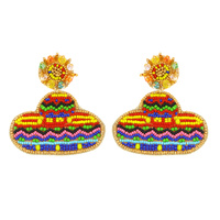 2-TIER MULTICOLOR BEADED EMBROIDERY MEXICAN SOMBRERO HAT DANGLE AND DROP EARRINGS