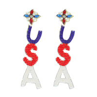 2-TIER JEWELED "USA" PATRIOTIC BEADED EMBROIDERY LONG DROP EARRINGS