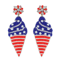 2-TIER JEWELED USA FLAG PATRIOTIC ICE CREAM CONE BEADED EMBROIDERY LONG DROP EARRINGS
