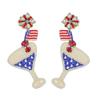 2-TIER JEWELED USA FLAG PATRIOTIC COCKTAIL BEADED EMBROIDERY LONG DROP EARRINGS