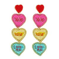 3-TIER CONVERSATION HEARTS SEED BEAD HANDMADE BEADED EMBROIDERY JEWELED LONG DROP EARRINGS