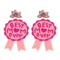 2-TIER JEWELED POST "BEST MOM EVER" PRIZE RIBBON SEED BEAD HANDMADE BEADED DANGLE AND DROP EARRINGS