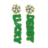 2-TIER SAINT PATRICK'S DAY "DERBY LUCKY" BEADED EMBROIDERY LONG DROP EARRINGS