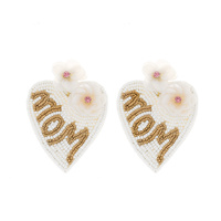 2-TIER JEWELED FLORAL "MOM" HEART SHAPED BEADED EMBROIDERY DANGLE AND DROP EARRINGS