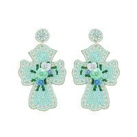 2-TIER EASTER SUNDAY BEADED EMBROIDERY FLORAL CROSS DANGLE AND DROP EARRINGS